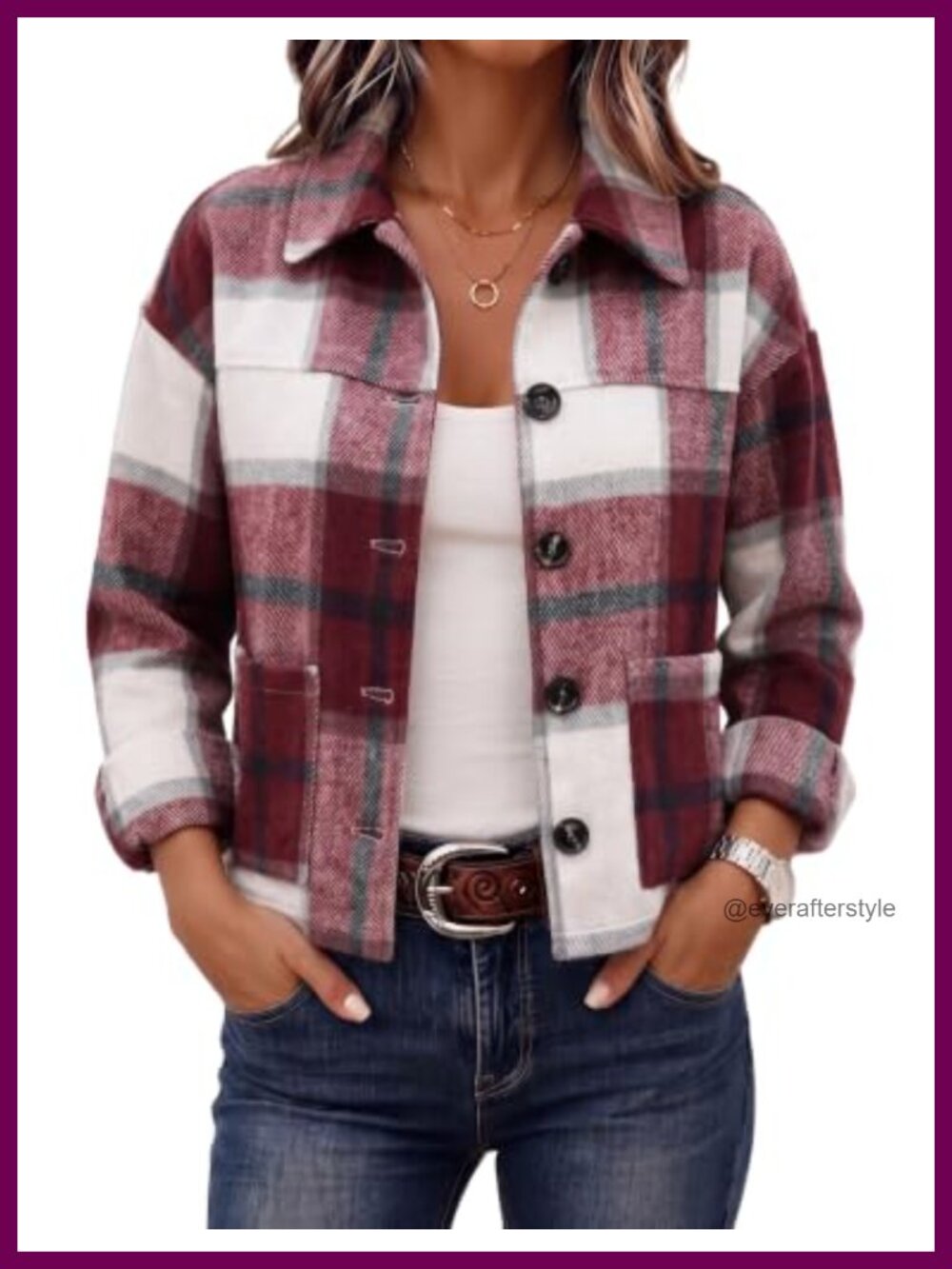Flannel Cropped Plaid Shacket Button Down Loose Fit Casual Jacket